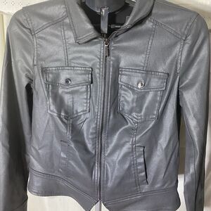 White House Black Market Gray Coated Denim Moto Jacket Size 10 Metallic Biker